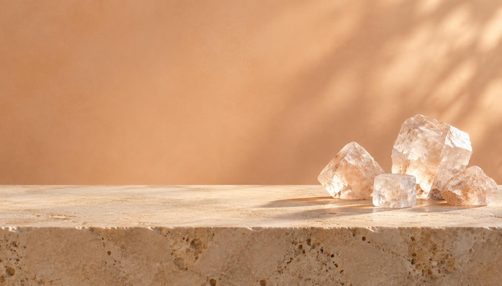 Warm travertine ledge with clear salt crystals in soft morning light