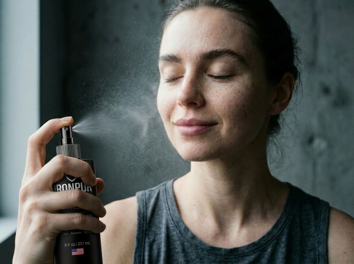 Hypochlorous acid face mist — woman misting IRONPUR HOCl spray for calm, glowing skin