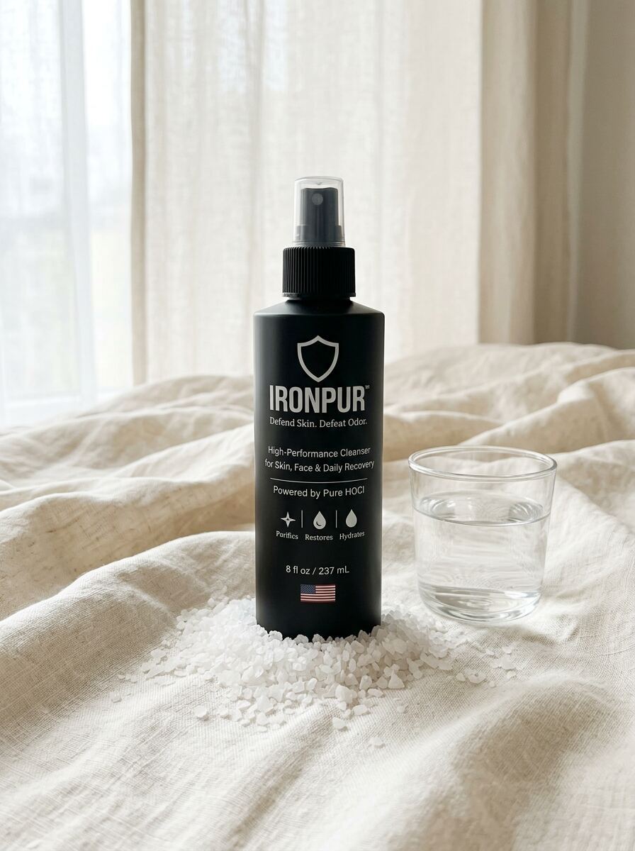 IRONPUR hypochlorous acid spray bottle with purified water and mineral salt — 3-ingredient HOCl face & body mist